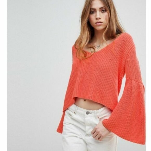 Free People Sweater Damsel Orange VNeck Ribbed Pullover Bell Sleeve - Picture 2 of 12